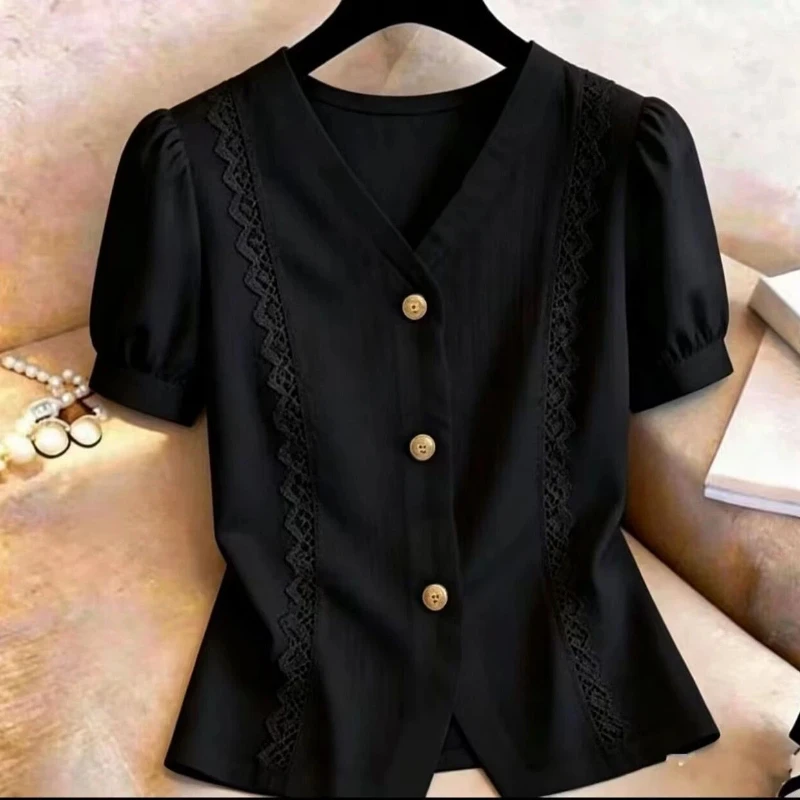 Summer New V Neck Button Temperament Solid Blouse Short Sleeve Lace Patchwork Elegant Shirt Tops Vintage Fashion Women Clothing