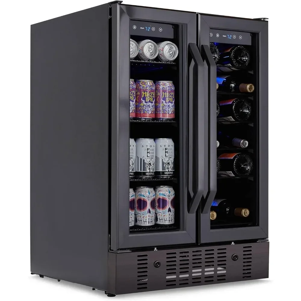 24” Wine and Beverage Refrigerator and Cooler, 18 Bottle and 60 Can Capacity, Built-in Dual Zone Fridge in Black Stainless