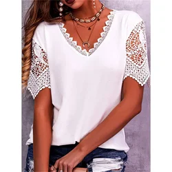 Summer New Lace Stitching Petal Sleeve V-Neck Short-Sleeved T-Shirt Women's Fashion Casual Loose Solid Color Vintage Blouse Tops