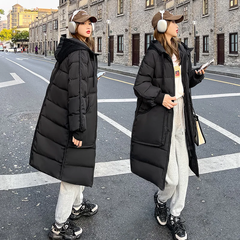 باركر شتاء دافئ مقنعين بلون المرأة سترة قطن 2025New معطف بأكمام طويلة موضة منتصف طول المرأة سترة قطن