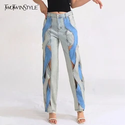 TWOTWINSTYLE Crisscross Jeans For Women High Waist Hollow Out Colorblock Autumn Chic Trousers Female Fashion Clothing 2023 New