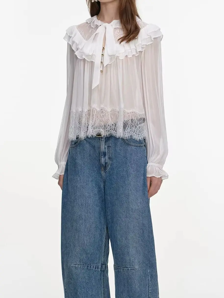 

2026 New Women Chiffon Blouse Top Lace Embroidery Patchwork Ribbon Spliced Ruffled Collar Lantern Sleeve Fashion Female Shirt