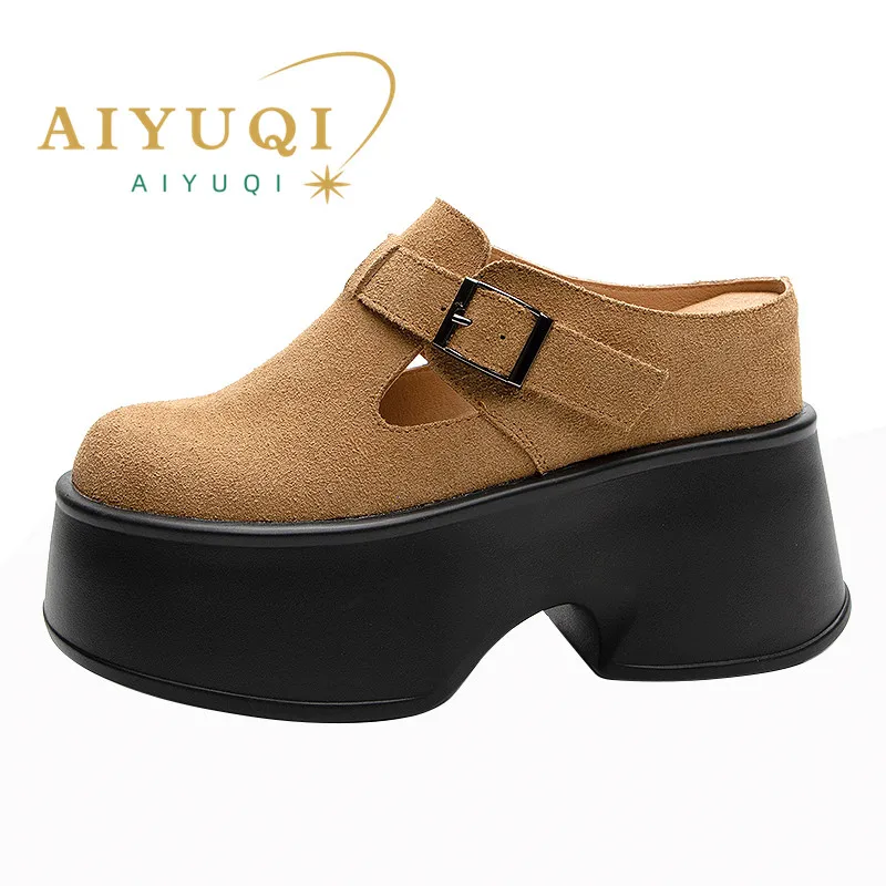 

AIYUQI Women's Sippers 2024 Spring High-heel Platform Retro Women's Loafers Casual Square Toe Genuine Leather Mules For Ladies