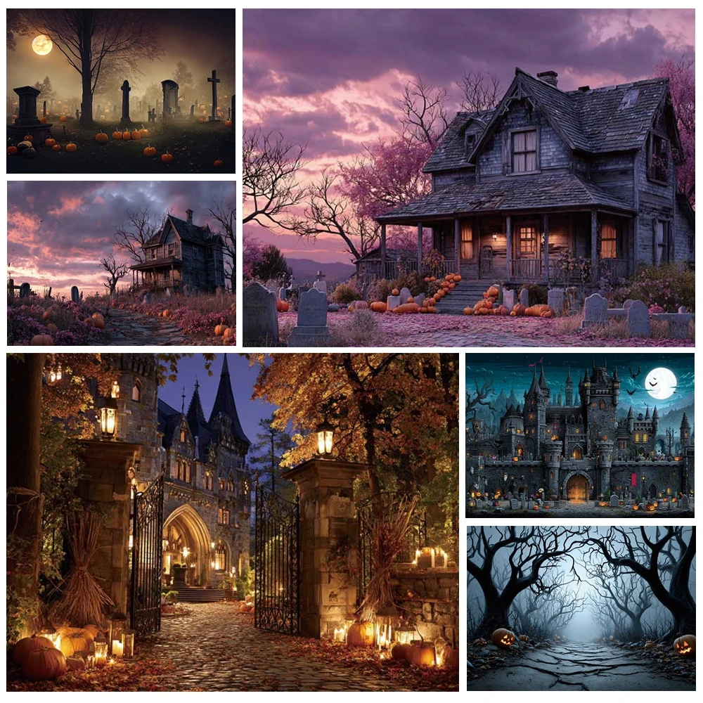 

MOON.QG Horror Halloween Backdrop Lanterns Cemetery Ghost Castles Background Photozone Decoration Photocall Party Supplies