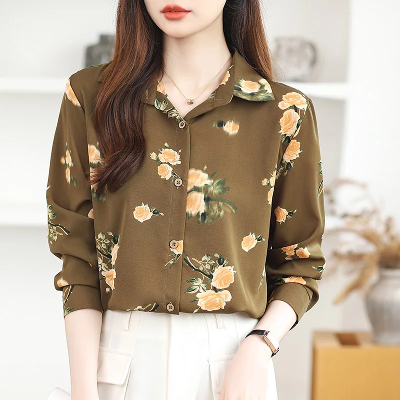 Women Clothing Elegant Fashion Long Sleeve Chiffon Shirt Spring Autumn Casual Loose Turn-down Collar Button Blouses Chic Y2k Top