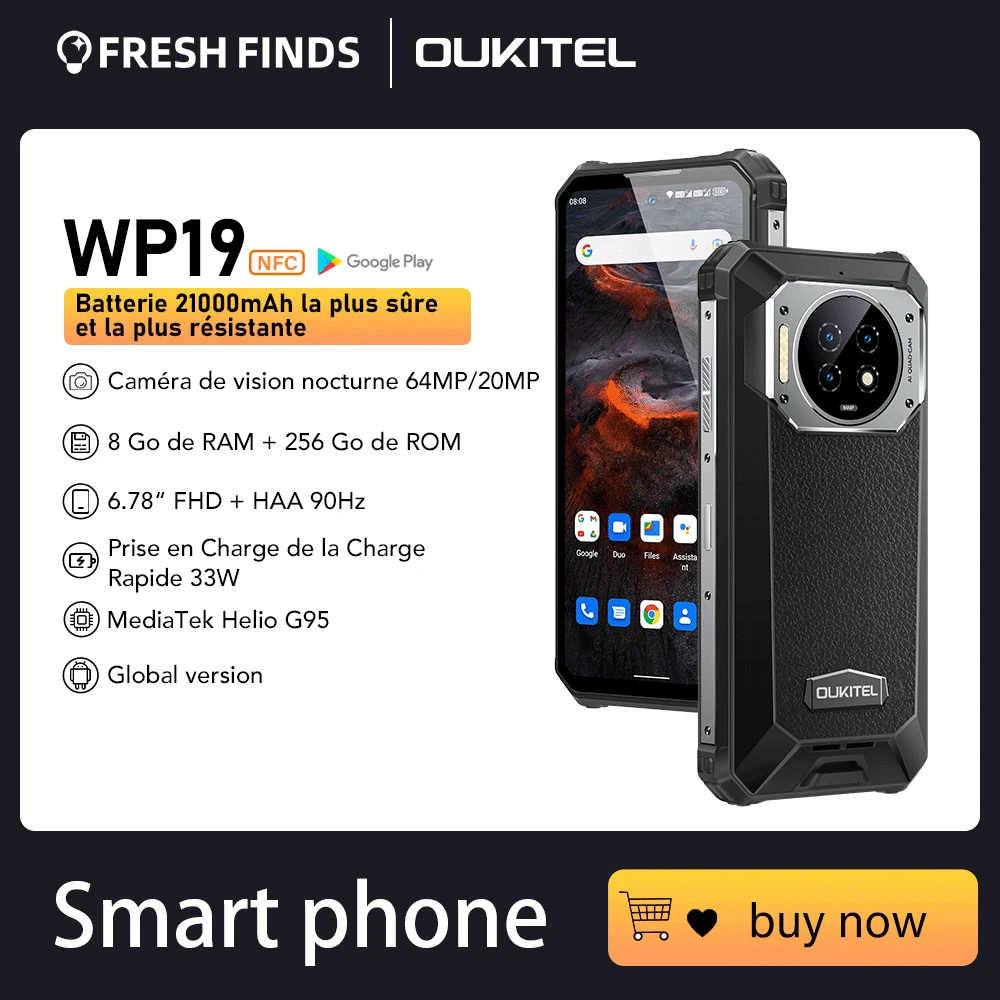 

OUKITEL WP19 Rugged Smartphone Night Vision NFC Cell Phone 8GB 256GB 21000mAh Mobile Phone 64M Camera Android 12 90 Hz Helio G95