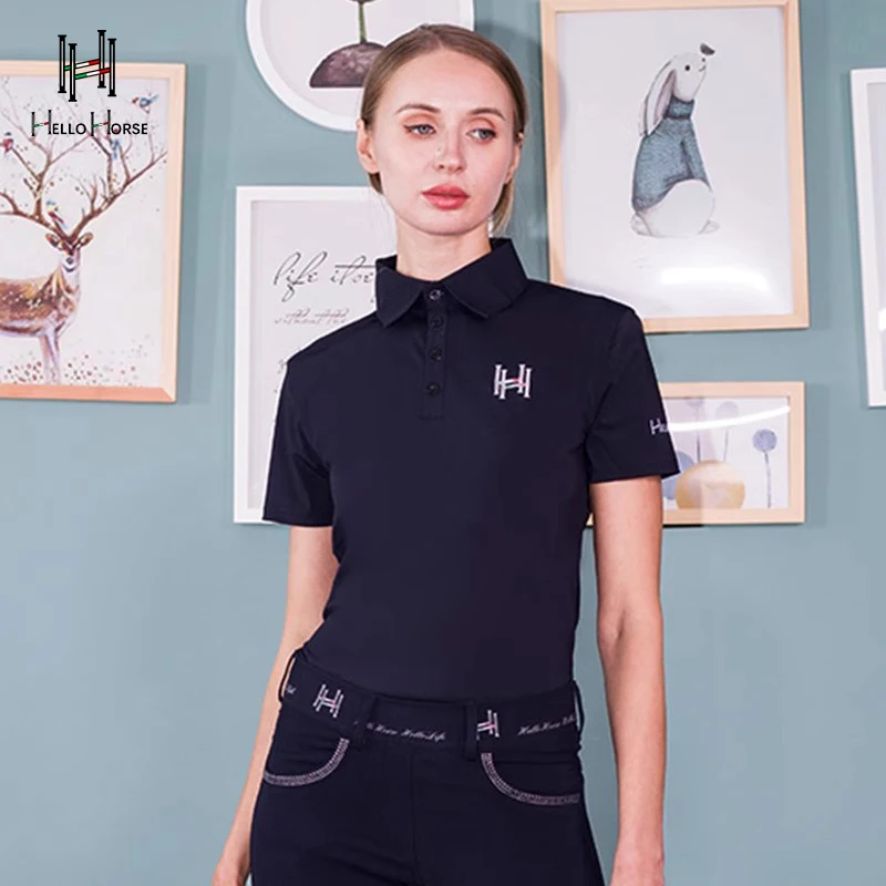 Hello Horse Kaus Polo Pelindung Matahari Lengan Pendek Olahraga Berkuda Kaus Berkuda Penyerap Kelembapan dan Cepat Kering Pakaian Berkuda Musim Panas Atasan Peralatan Ksatria
