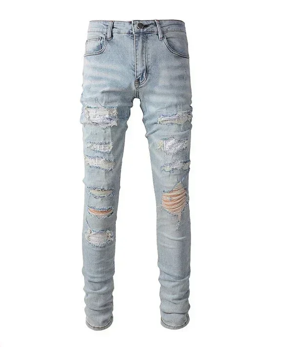 

2024 Autumn Vintage Men Distressed Hole Jeans Washed Denim Pencil Pants Stretch Pockets Denims Casual Ankle Length Trousers