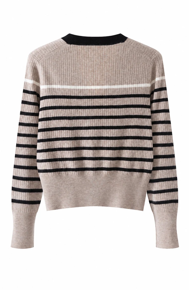 MZ62028 Damen Vintage Gestreifter V-Ausschnitt Gerippter Strick Langarm-Cardigan mit Kontrastbesatz Knopfleiste Modal-Mischung Frühherbst-Pullover – Detail 16