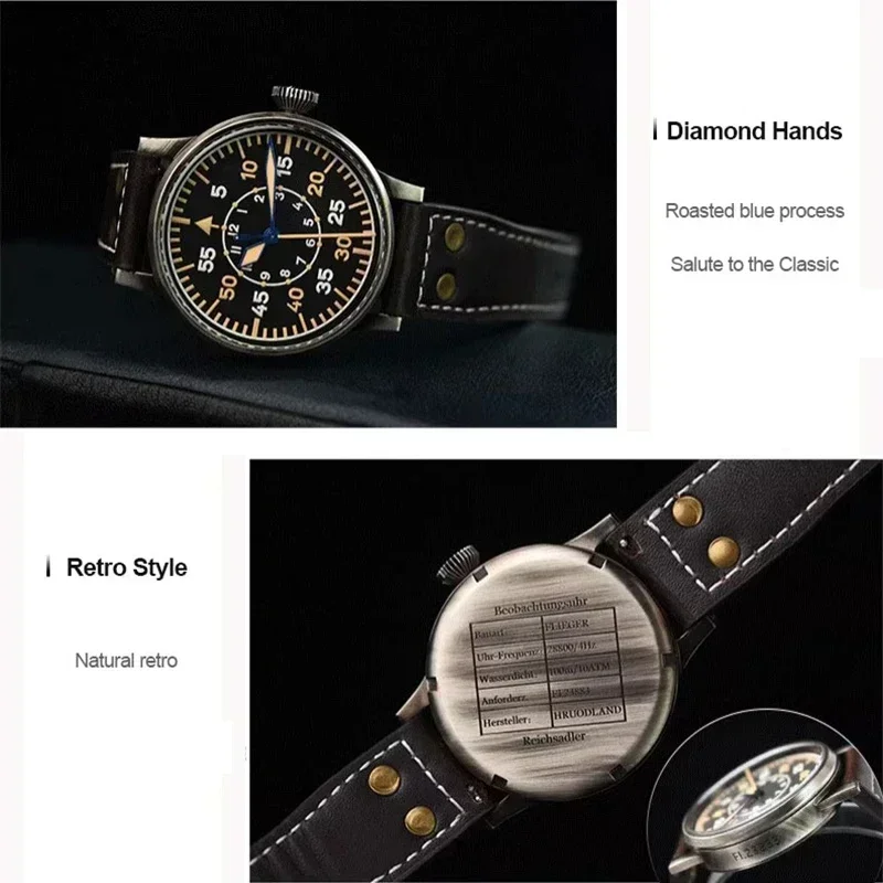 Hruodland Retro Pilot Watch 42mm PT5000/SW200 Stainless Steel Mechanical Watch Sapphire Lumminous 10ATM Men Classic Wristwatch