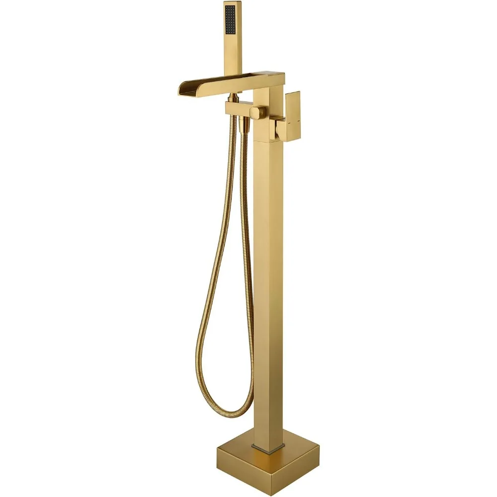 

Freestanding Bathtub Faucet Brushed Gold Waterfall Tub Filler Floor Mount Brass Single Handle Bathroom Faucets with Hand Shower