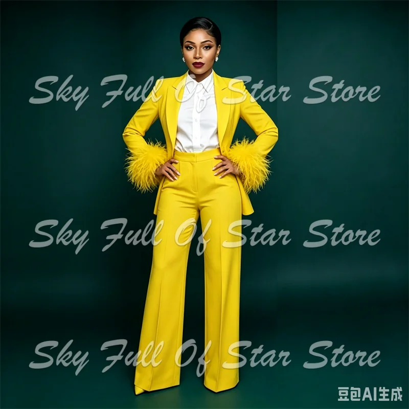 Yellow Formal Wear Women - 밝은 노란색 깃털 커프스 여성 정장