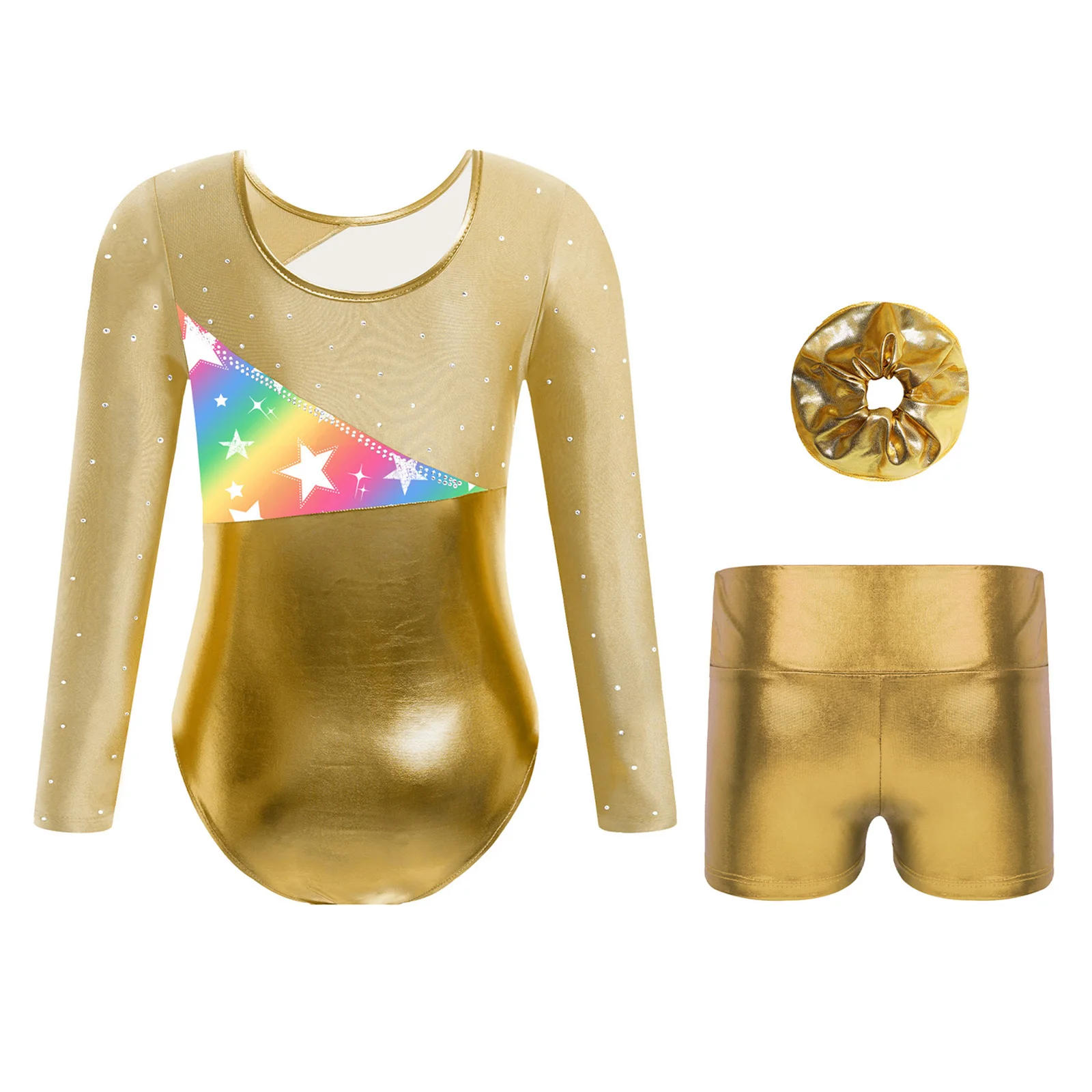 Children Girls Ballet Dance Gymnastics Outfit Long Sleeve Metallic Leotard Short Hair Band Swimming Fashion Costume Sport Set