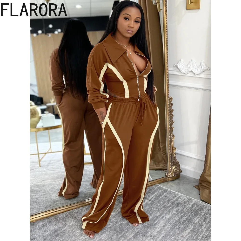 FLARORA Moda Stripe Patchwork 2 pezzi Set Donna Risvolto Manica lunga Zip Crop Giubbotti e Pantaloni con coulisse Abiti Tute da strada