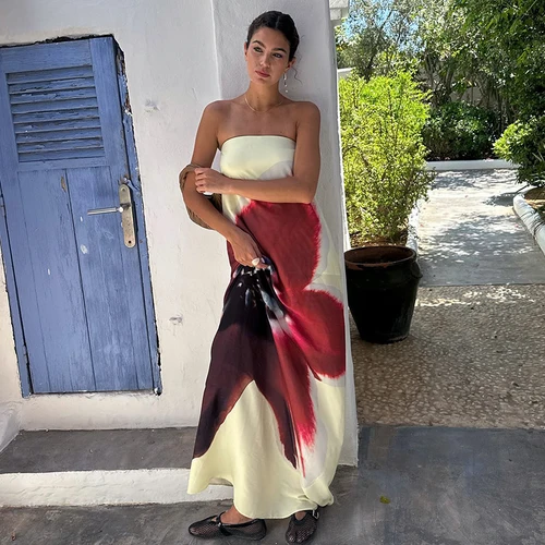 Imagen 2 del producto CUTENOVA-vestido Sexy sin tirantes con cinturón Floral para mujer, vestido Maixi amarillo con espalda descubierta, vestidos de cintura alta, ropa de playa elegante para vacaciones de verano