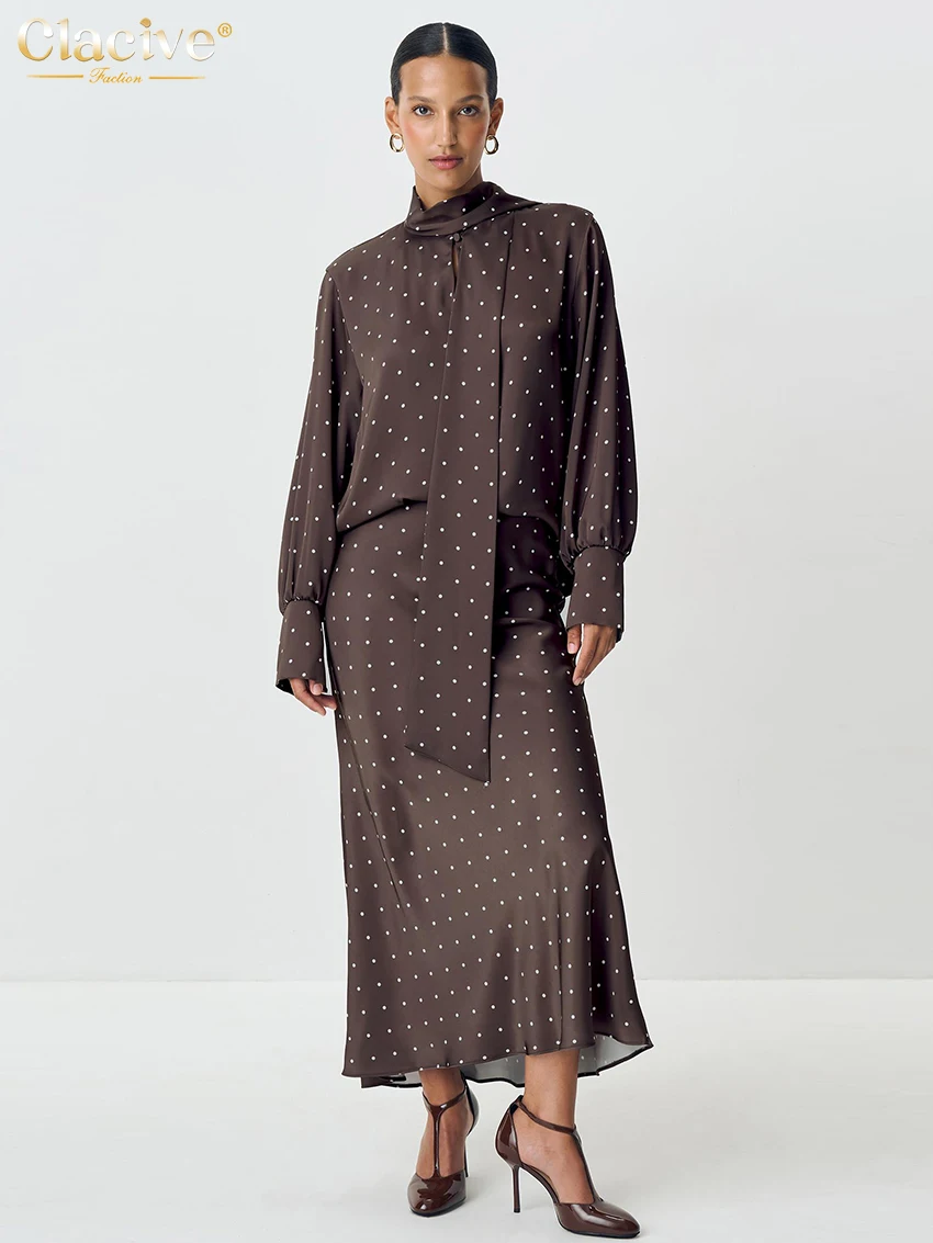 

Clacive Fashion Свободный комплект из 2 предметов с принтом для женщин 2025 Зимняя рубашка с длинным рукавом и длинной юбкой с высокой талией Комплект женской одежды