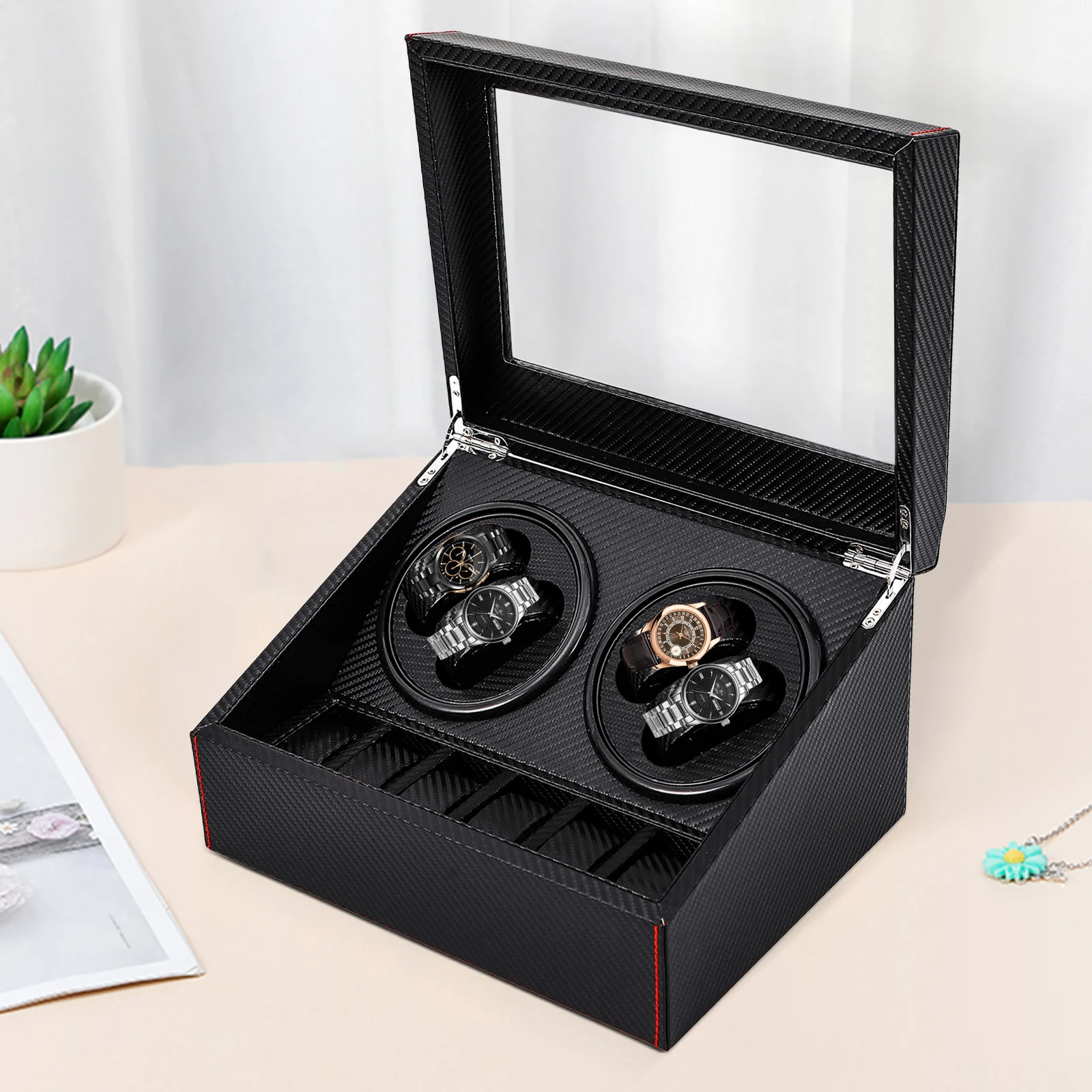4 + 6 Horlogewinder Stille Automatische Horlogewinder PU Leder Luxe Horlogewinder Box Watch Winder 2 Modi Cadeau voor Kerstmis - afbeelding 2