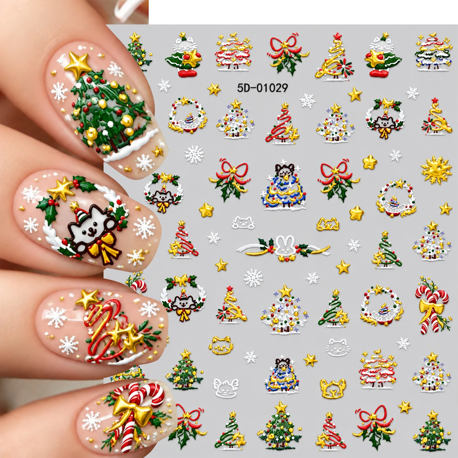 1Pcs 5D Christmas Nail Sticker Cute Xmas Tree Nail Decals Cartoon Cat Snowflake Bow Candy Cane Nail Sliders Winter DIY Manicure*