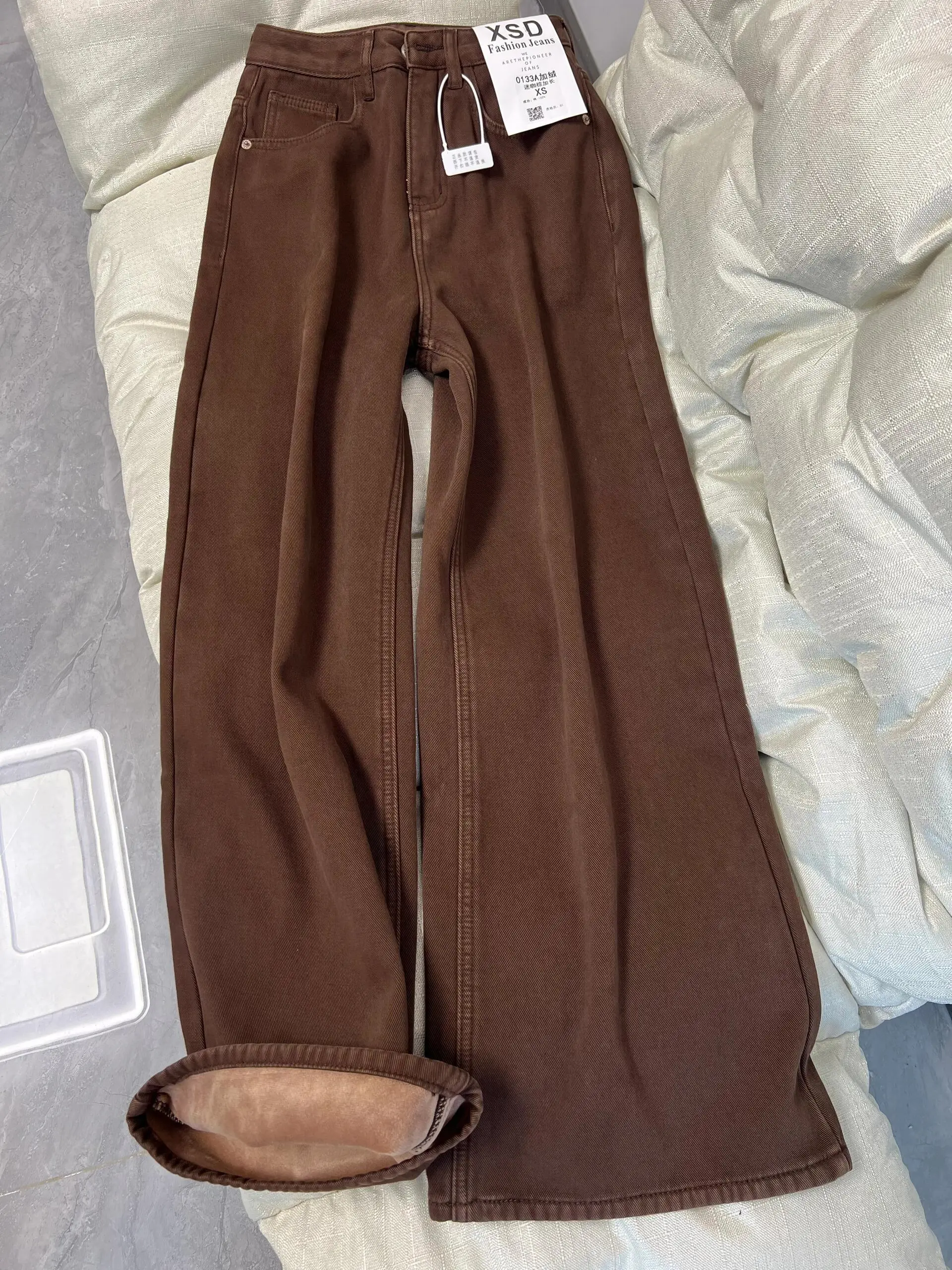 

Женские джинсы с высокой талией, утепленные флисом, осенне-зимние, свободные, широкие, длинные брюки для фигуры типа «груша», в американском стиле