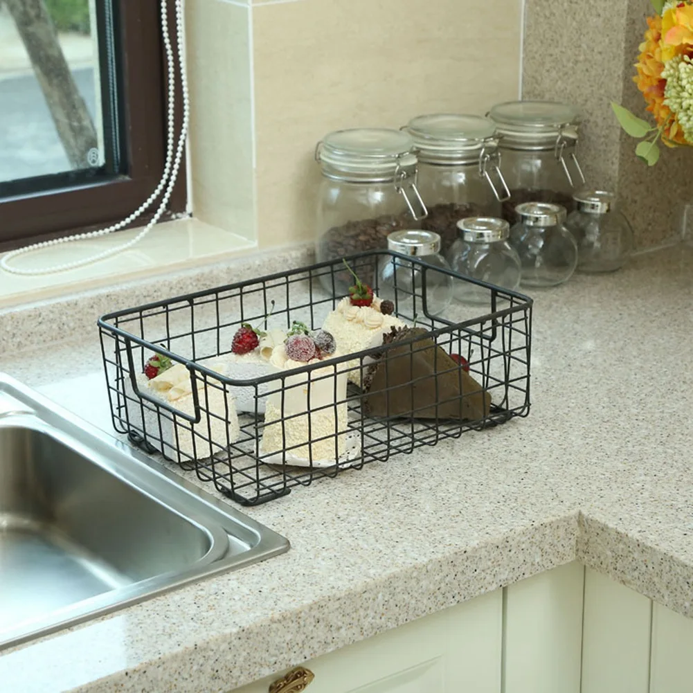 Creative Metal Wire Storage Basket with Handle Wrought Iron Sundries Container Kitchen White