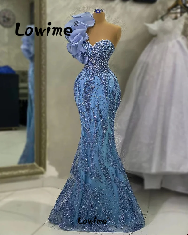 Customized Blue One Shoulder Pearls Mermaid Evening Dress Ruffles Long Prom Dresses Beading Crystals Party Gown For Wedding Robe