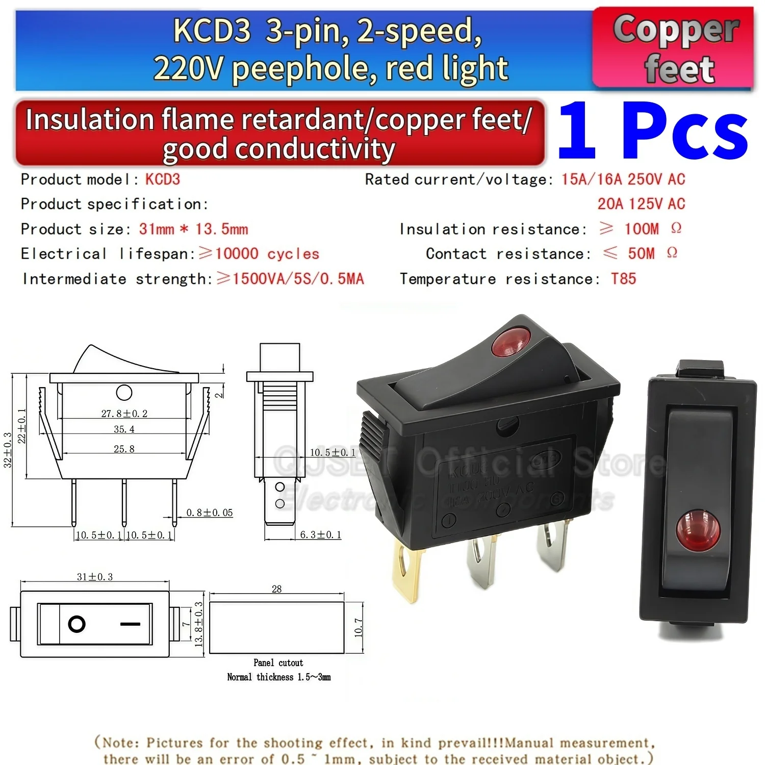 1 Stück KCD3 Wippschalter EIN-AUS-EIN 2 3 Positionen 2 3 Pins Elektrische Ausrüstung Mit Lichtschalter 15A16A 250V/220V 20A 125V AC – Detail 17
