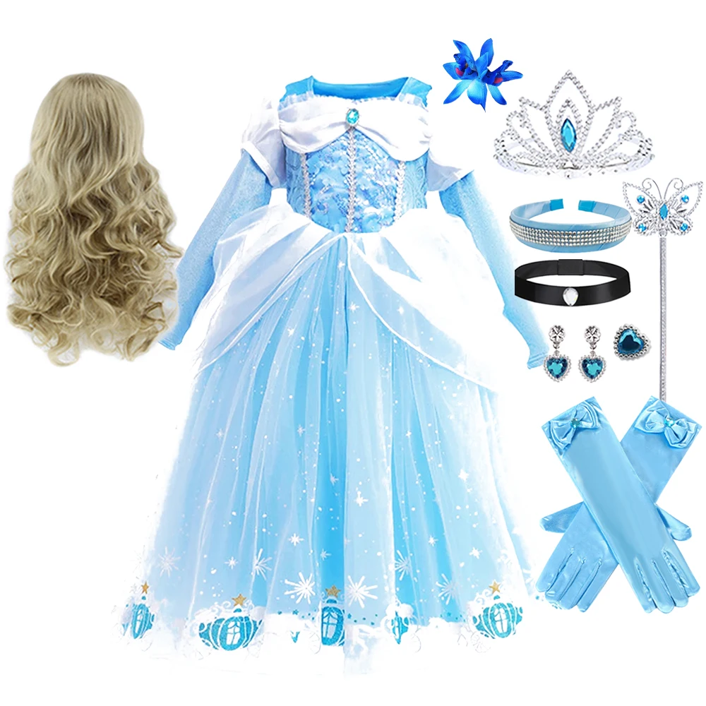 Blaue Pailletten Kinder Geburtstag Überraschung Kinder Ballkleid Cinderella Kleid für Mädchen Langarm Prinzessin Kostüme Cosplay