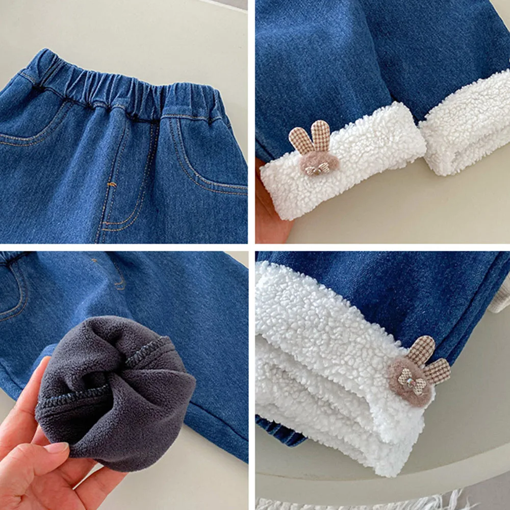 أطفال السراويل للفتيات الصوف رشاقته الدافئة الأطفال الملابس الشتوية بلون عارضة طفل فتاة الجينز #6