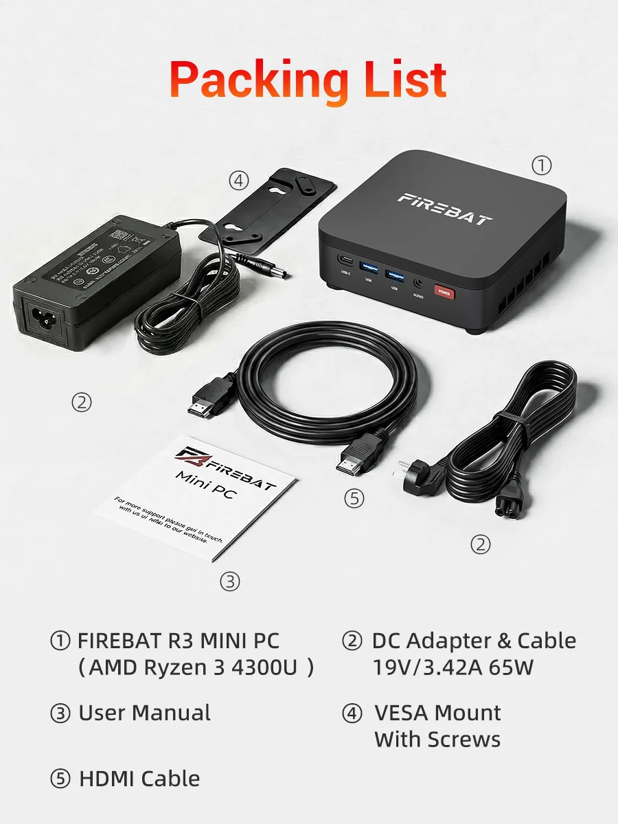 FIREBAT 2026 Mini PC R3 AMD Ryzen 3 4300U LPDDR4 8GB 16GB RAM 256GB 512GB SSD Windows11 Pro Wifi6 BT5.2 Support 4K 60Hz Desktop Computer