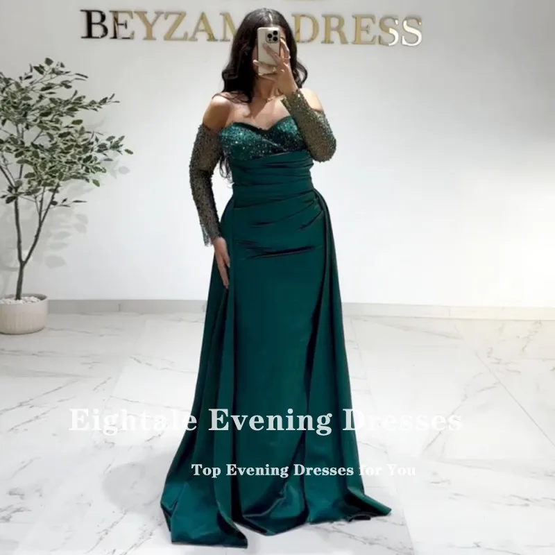 Eightale New Arrival Evening Dresses Long Sleeves Sequin Customized off Shoulder Satin Mermaid Prom Wedding Party Gown