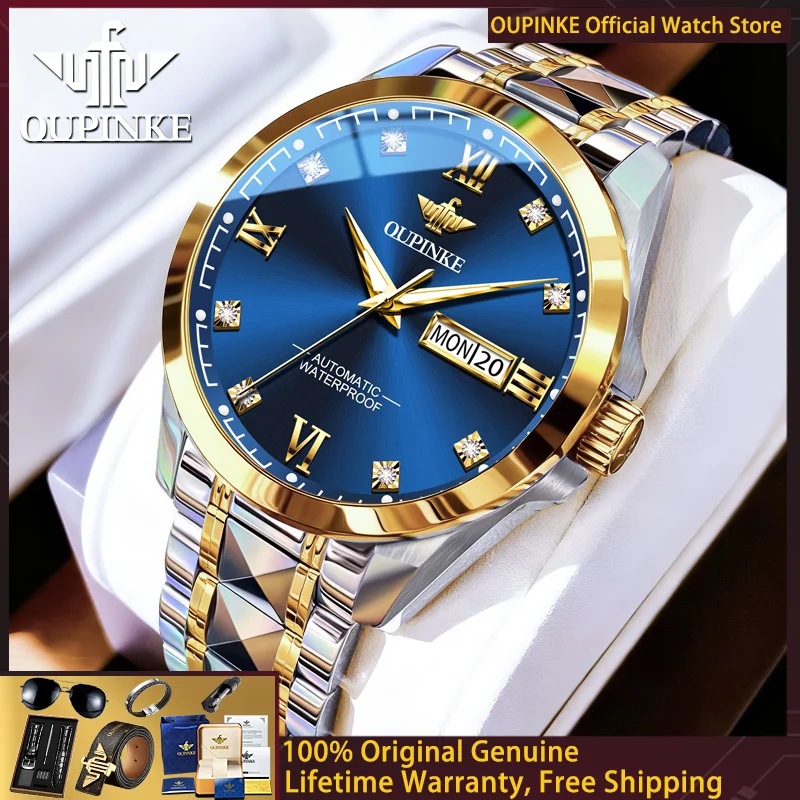 OUPINKE 3262 Men Watch Top Original Brand Tungsten Steel Automatic Mechanical Watch Calendar Roman Scale Diamond Men Watch Gift