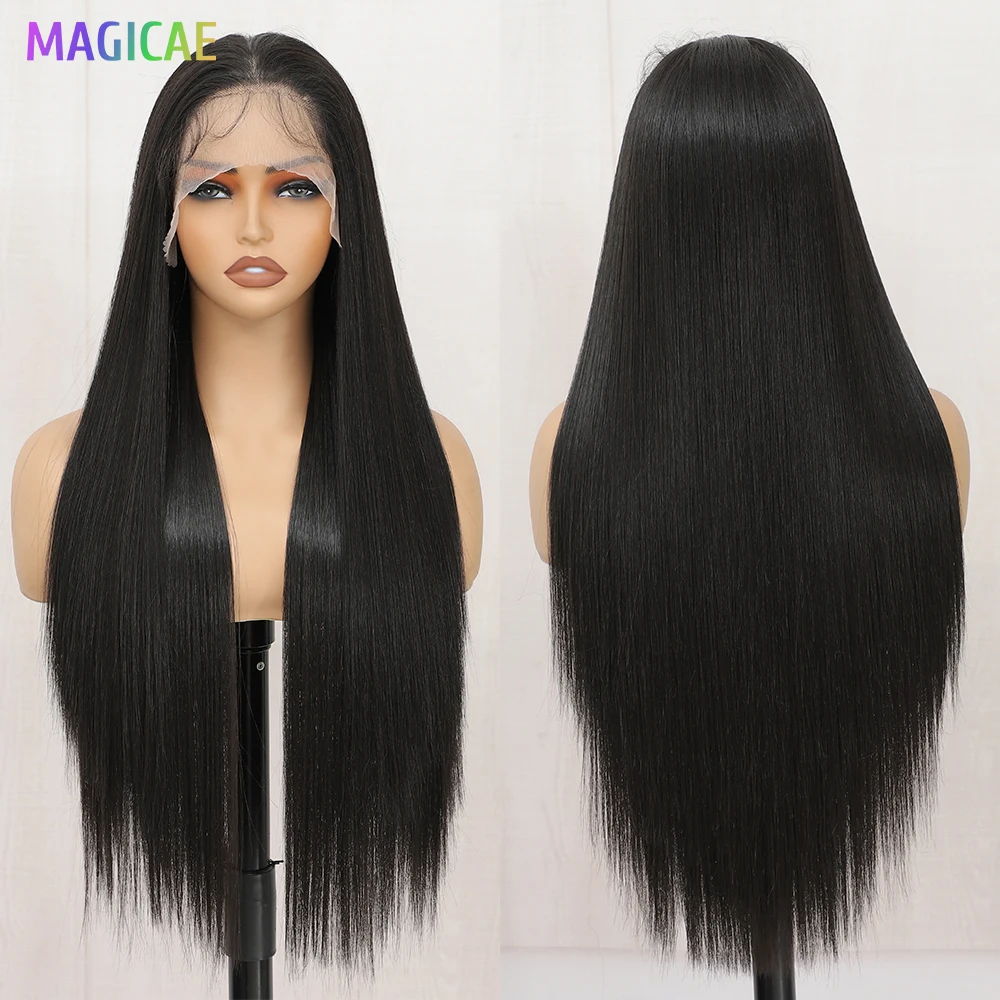 MAGICAE 13X4 Rambut Sintetis Lurus Panjang Wig Renda Depan Transparan dengan Rambut Bayi 30 Inci Pelucas De Mujer Hitam