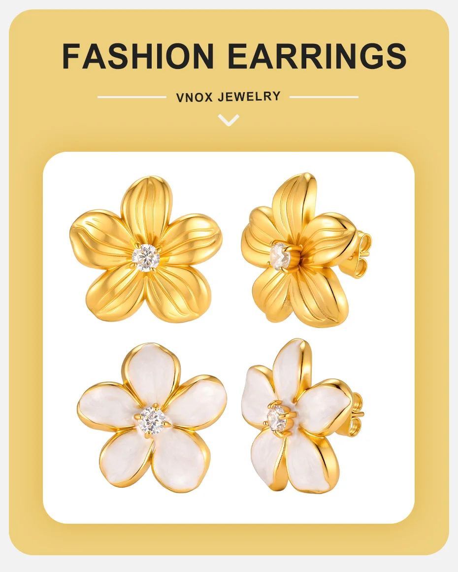 Vnox Trendige Niedliche Blumen-Emaille-Zirkonia-Ohrstecker für Frauen, Vergoldete Übertriebene Blumenohrringe, Alltags- und Party-Schmuck – Detail 1
