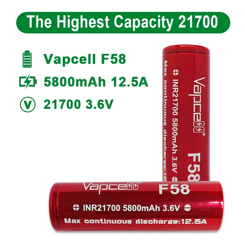 Batteria agli ioni di litio Vapcell INR 21700 F58 ad alta capacità 5800mah Max 12,5A 3,6V Batteria ricaricabile per elettrodomestici