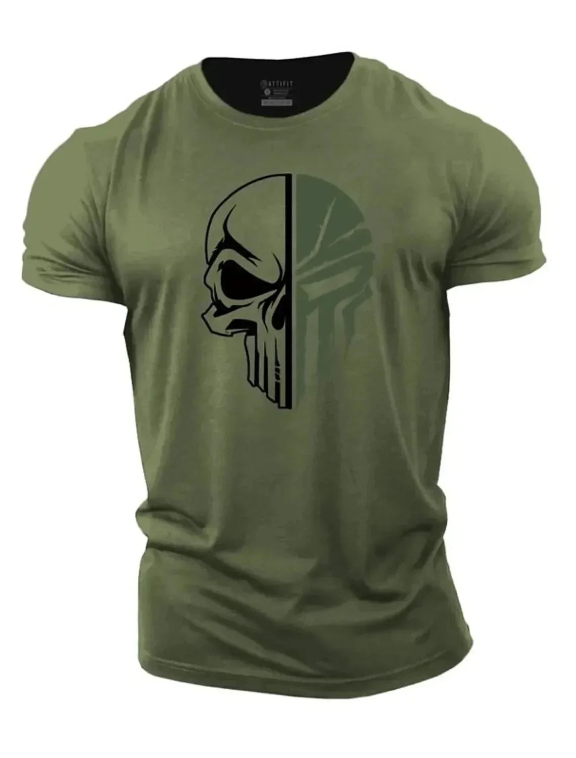 

Men's Split Skull Spartan Helmet Print T-Shirt, Vintage Military Green Crewneck Tee, Casual Short Sleeve Top for Gym, Streetwear