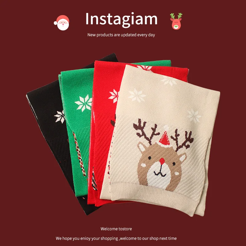 

Knitted Scarf Women Red Snowflake Deer Autumn Winter New Warm Korean Style Embroidered Neck Warmer Shawl