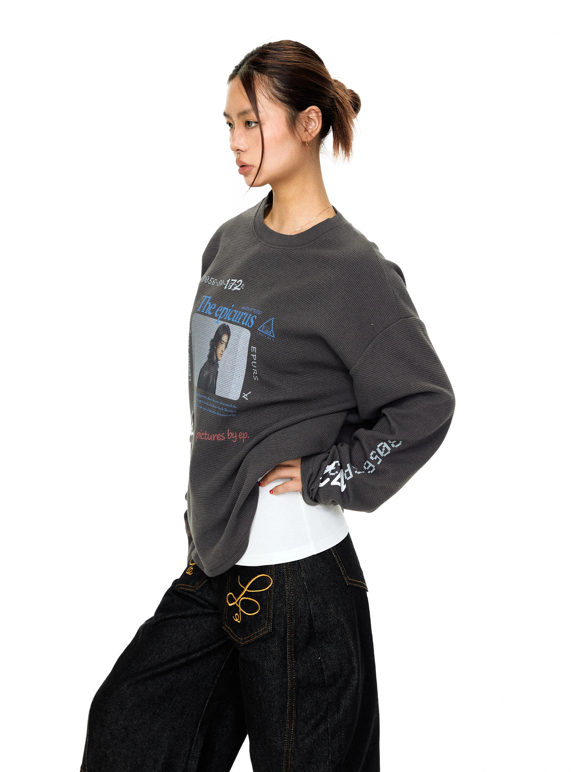 Blackbb Retro Waffle Pattern Printed Loose Fit round Neck Long Sleeve T-Shirt Women's American Style Casual Sweatshirt