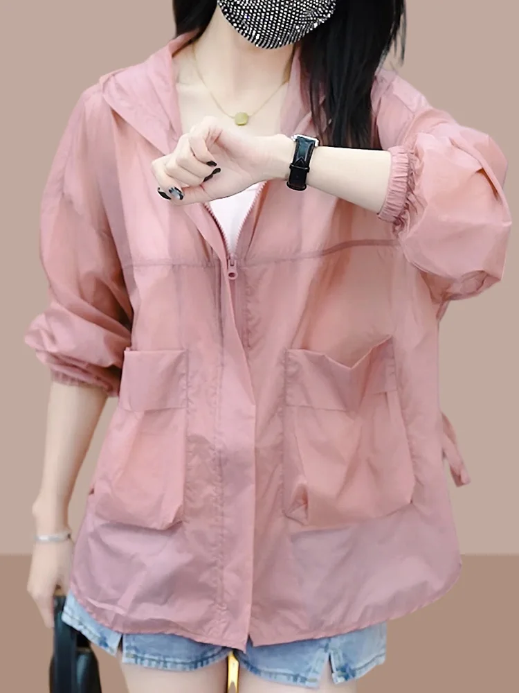 

Ice Silk Loose Fit Lightweight Breathable Faionable Summer Sun Protection Coat Women's Outerwear Polyester Long Sve Hooded