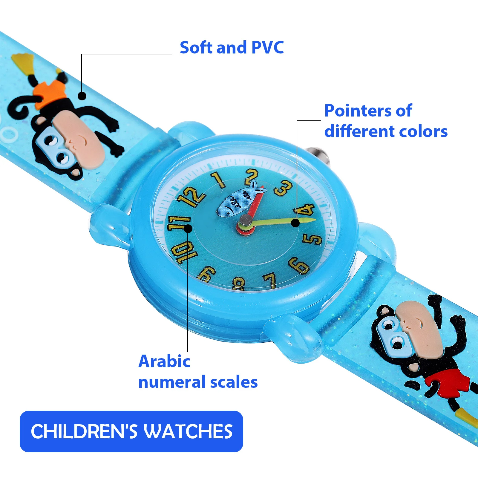2 pcs Watches Cartoon Marine Theme Arabic Numerals Large Dial Comfortable Strap Adjustable Buckle Creative Gift For