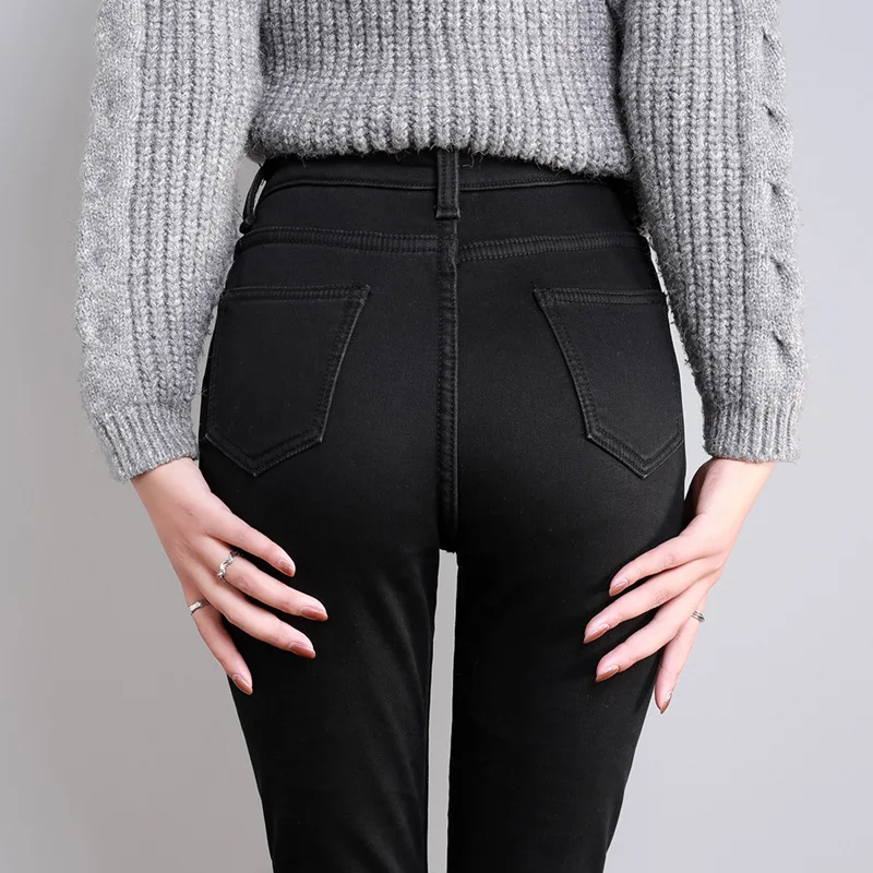 Women Thermal Jeans Stretch High Waist Winter Plush Warm Jeans Lady Plus Size Skinny Pencil Pants Mom Black Gray Denim Trousers