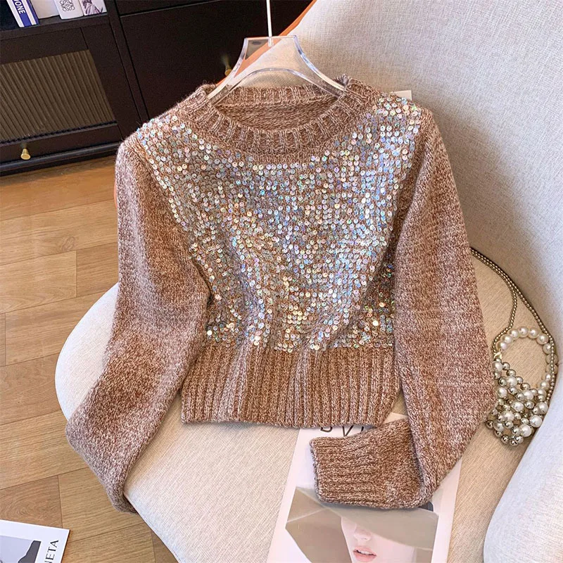 Chic Sequin Women Sweater Pullovers O Neck Knitwear y2k Tops Female Long Sleeve Casual Knit Jumper Women clothing spring autumn