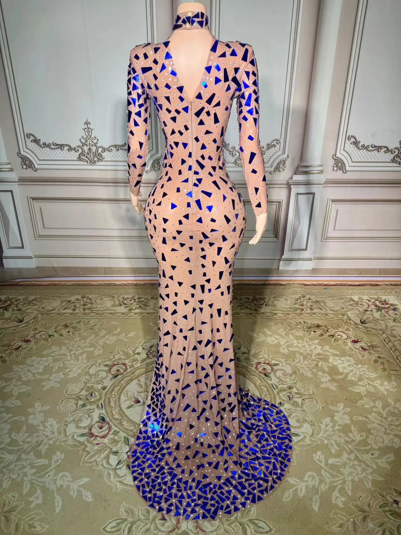 Sexy Stage Evening Celebrate luxurious Blue Mirror Transparent Long Train Dress Rhinestones Performance Outfit Photoshoot Dress