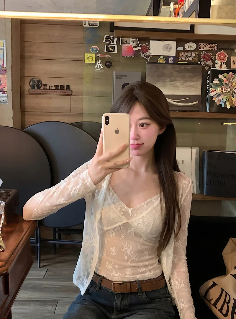 

Pure Desire Style White Lace Embroidery Mesh Tank Top Long Sleeve Cardigan Women's Summer Fashion Set Two-Piece Suit Butterfl...