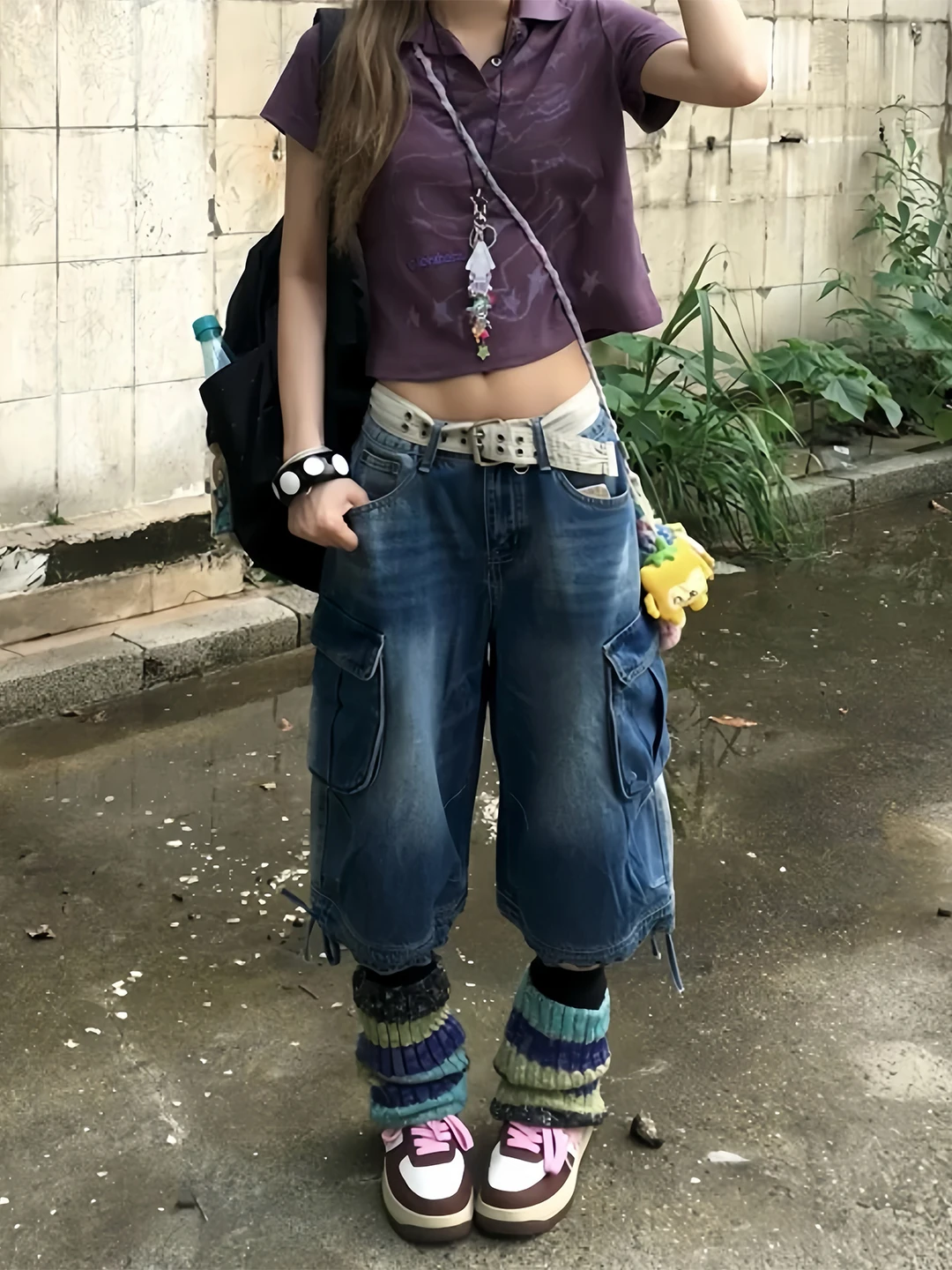 

Retro American Punk Workwear Denim Seven-Foot Pants Women Summer New Street-aged Belted Wide-Leg Shorts Natural Waist