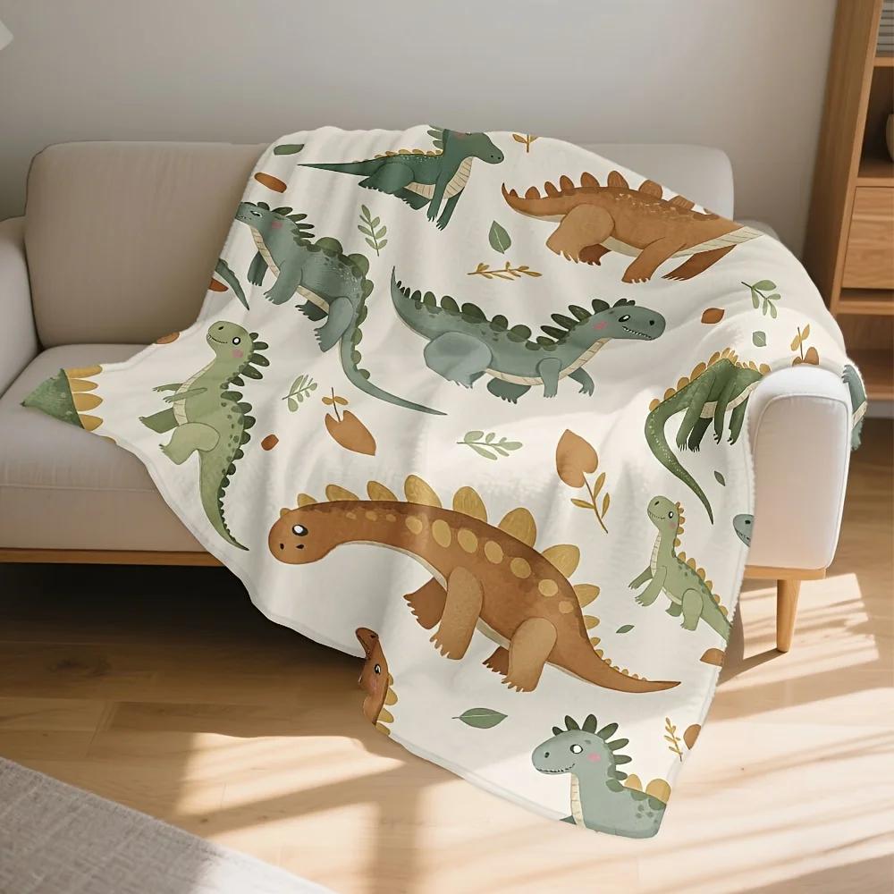 1pc Elegant Cartoon Dinosaur Design Signature Flannel Blanket, Luxurious Comfort for Lounging, Winter Retreats, Office Napping,