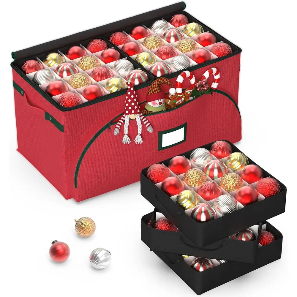 

Ornament Storage Box with 8 Stackable Trays, Holds 128 Ornaments, Velvet Organizer with 3 Drawers, 600D Red Fabric, for Closet A