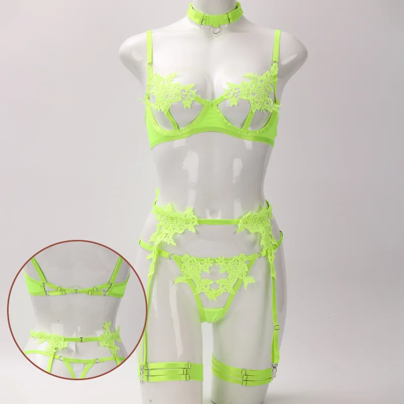 Sexy Choker Applique Embroidered Underwire Push Up Garter Belt Lingerie Set for Womater soluble flower girl clothing mesh perspe image 6