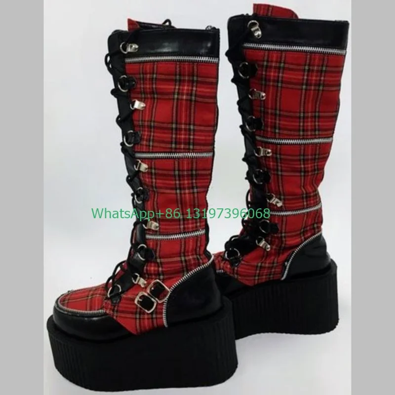 Lady red plaid color design punk knee platform boots metal boots footwear color size 46 elegant style Y2K Mary Janes  boots