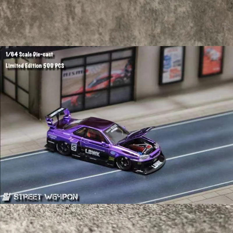 Street Weapon 1:64 Toy Model Car Skyline R34 ER34 Super Silhouette Alloy Sport Vehicle -Chrome Purple