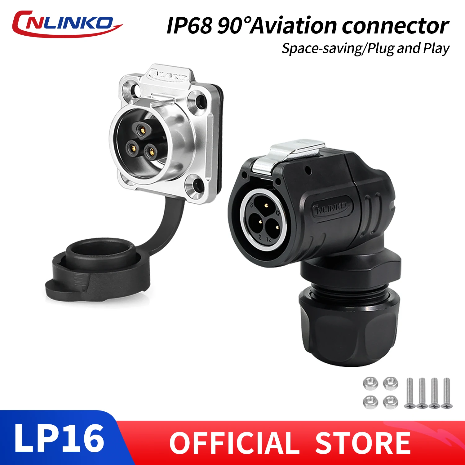 CNLINKO LP16 IP68 Waterproof 90° Right Angle Connector 3 Pin 10A 400V Solder Type Semi-Metal Circular Plug+Flange Mount Socket